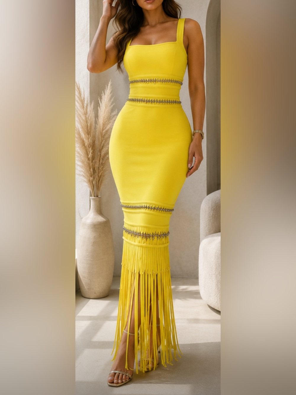 NEW $325 Solana Fringe Bodycon Dress with Square Neck
